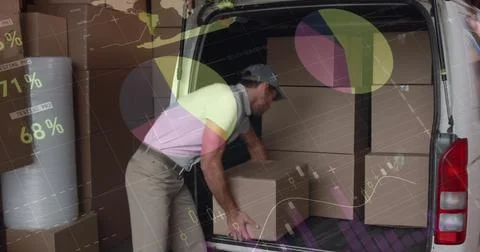 Image of statistics and financial data processing over delivery man Illustrazione stock
