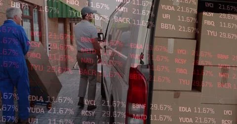 Image of statistics and financial data processing over delivery man Illustrazione stock