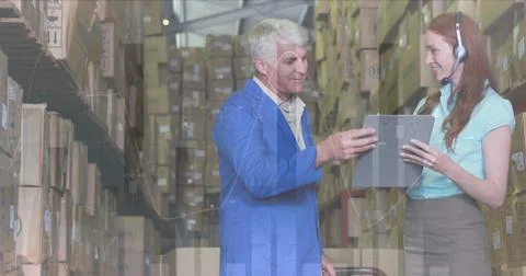 Image of statistics and financial data processing over delivery man and woman in Stock Illustration
