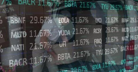 Image of statistics and financial data processing over delivery man Stock Illustration
