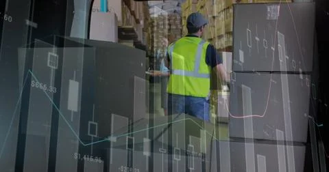 Image of statistics and financial data processing over delivery man Illustrazione stock