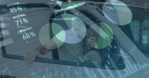 Image of statistics and financial data processing over delivery man Stock Illustration