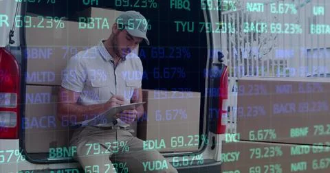 Image of statistics and financial data processing over delivery man Illustrazione stock