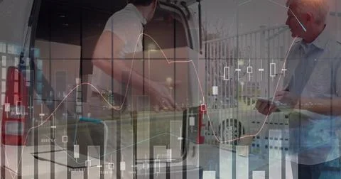 Image of statistics and financial data processing over delivery man Illustrazione stock