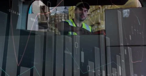Image of statistics and financial data processing over delivery man Illustrazione stock