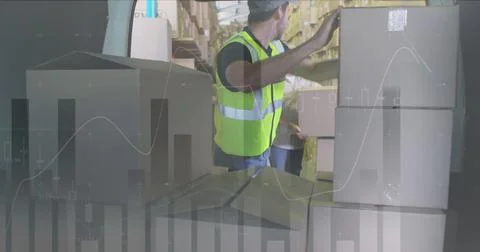 Image of statistics and financial data processing over delivery man Illustrazione stock