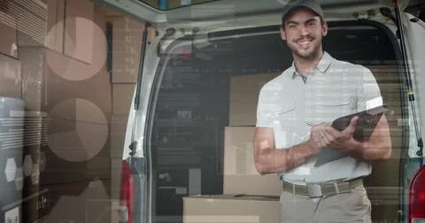 Image of statistics and financial data processing over delivery man Illustrazione stock