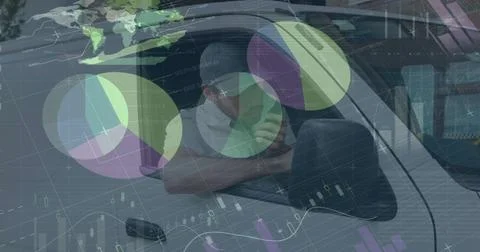 Image of statistics and financial data processing over delivery man and van Illustrazione stock