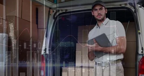 Image of statistics and financial data processing over delivery man and van Stockillustratie