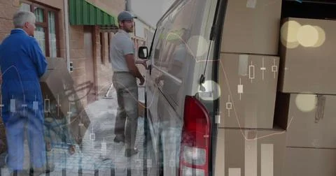 Image of statistics and financial data processing over delivery man and van Illustrazione stock