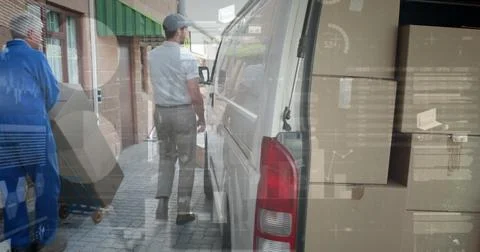 Image of statistics and financial data processing over delivery man and van Illustrazione stock