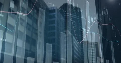 Image of statistics and financial data processing over modern office buildings 写真素材