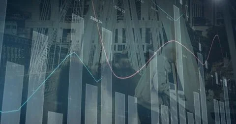 Image of statistics and financial data processing over business people in office Stockfoto's