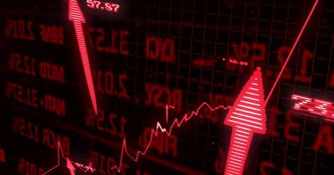 Image of statistics and financial data processing over arrows on black Foto stock