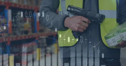 Image of statistics and financial data processing over man working in warehouse Stock Photos