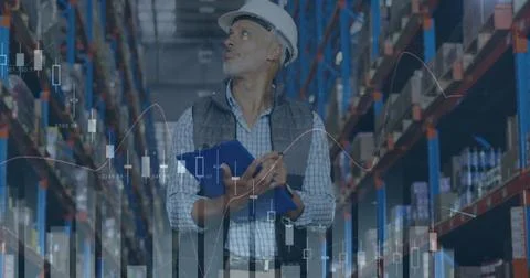 Image of statistics and financial data processing over man working in warehouse Stock Photos