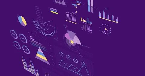 Image of statistics and financial data processing over purple background Foto stock