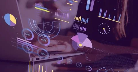 Image of statistics and financial data processing over caucasian woman using Stockfoto's