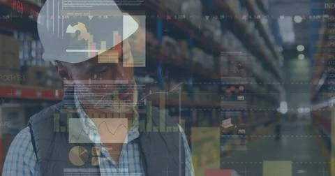 Image of statistics and financial data processing over man working in warehouse Stock Photos