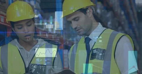 Image of statistics and financial data processing over man and woman working in 스톡 사진