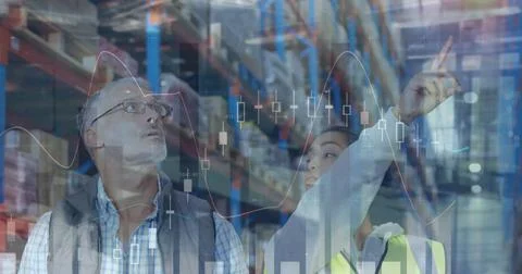 Image of statistics and financial data processing over man and woman working in 스톡 사진