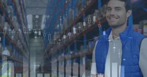 Image of statistics and financial data processing over man working in warehouse Stock Photos