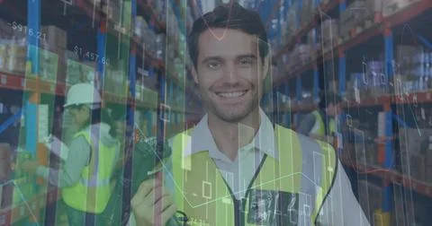 Image of statistics and financial data processing over man working in warehouse Stock Photos