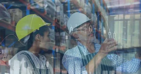 Image of statistics and financial data processing over man and woman working in Stock Photos