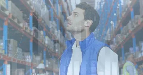 Image of statistics and financial data processing over man working in warehouse Stock Photos