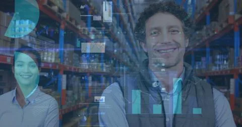 Image of statistics and financial data processing over man and woman working in Foto stock