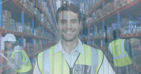 Image of statistics and financial data processing over man and woman working in Stock Photos
