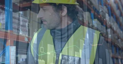 Image of statistics and financial data processing over man working in warehouse Stockfoto's