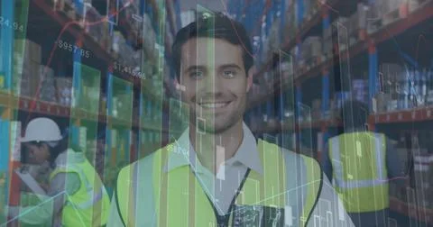 Image of statistics and financial data processing over man working in warehouse Stock Photos