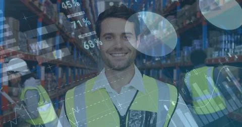 Image of statistics and financial data processing over man and woman working in 写真素材