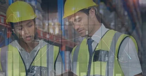 Image of statistics and financial data processing over man and woman working in Foto stock