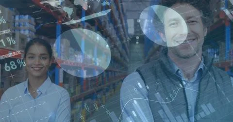 Image of statistics and financial data processing over man and woman working in Foto stock