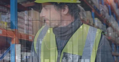 Image of statistics and financial data processing over man working in warehouse Foto stock
