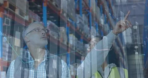 Image of statistics and financial data processing over man and woman working in Stock Photos