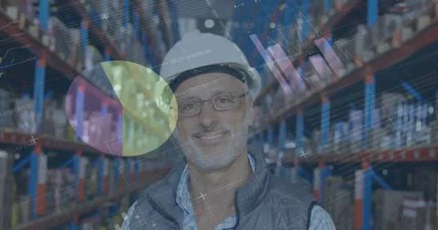 Image of statistics and financial data processing over man working in warehouse Stock Photos