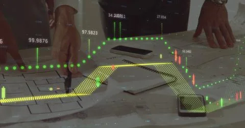 Image of statistics and financial data processing over architects with plans in Stockfoto's