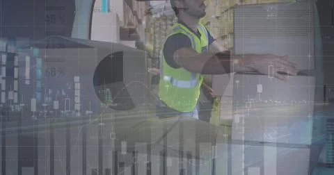 Image of statistics and financial data processing over delivery man and van 스톡 사진