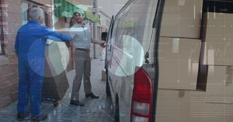 Image of statistics and financial data processing over delivery man and van Stock Photos