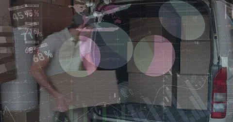 Image of statistics and financial data processing over delivery man and van 写真素材