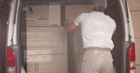 Image of statistics and financial data processing over delivery man and van Foto stock