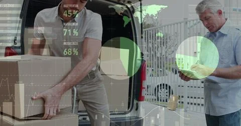 Image of statistics and financial data processing over delivery man and van Stock Photos