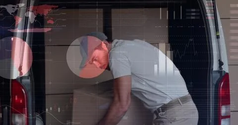 Image of statistics and financial data processing over delivery man and van Foto stock