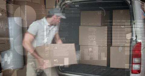 Image of statistics and financial data processing over delivery man and van 스톡 사진