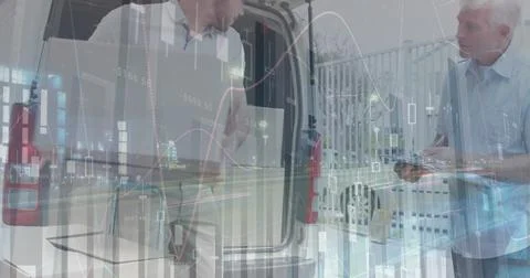 Image of statistics and financial data processing over delivery man and van Stock Photos