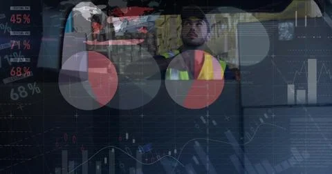 Image of statistics and financial data processing over delivery man and van Stock Photos