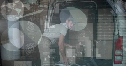 Image of statistics and financial data processing over delivery man and van Stock Photos